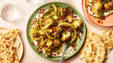 Spiced roasted cauliflower with lentils and tahini yoghurt.