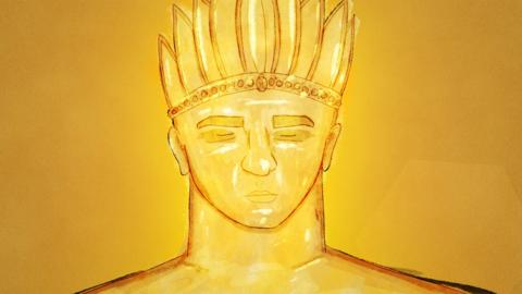 Illustration of a golden man wearing a golden feathered crown