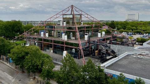 A view from a high vantage point of The Point building in Milton Keynes as it looks today