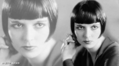 Double image of Louise Brooks, actress with firm gaze and tight cropped hair.