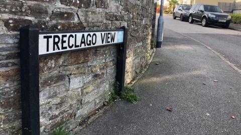 A road sign reads Treclago View and pavement and a car are visible in the shot.