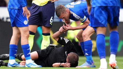 Jamie Vardy blows the referee's whistle