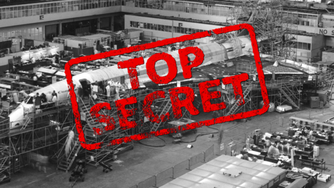 Black and white photo of Concorde in construction in a hangar in Bristol, with the words Top Secret over the top.