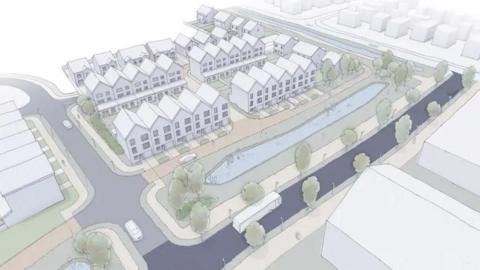 A detailed illustration of a modern housing development shows rows of uniform townhouses arranged around landscaped green spaces, tree‑lined paths, and a central water feature, with surrounding roads and parked vehicles.