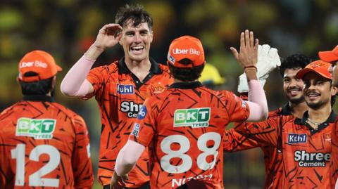 Pat Cummins celebrates a wicket