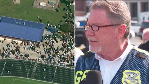 On the left, we have students evacuating the school. On the right, we have an official talking to the press.