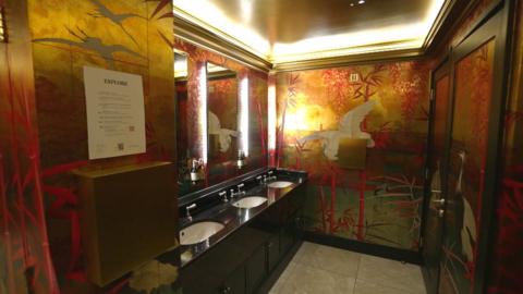 A view of one of the sink areas in the toilet area. The walls are covered in an ornately illustrated wallpaper which is gold, with red palm trees and large white birds flying across it.