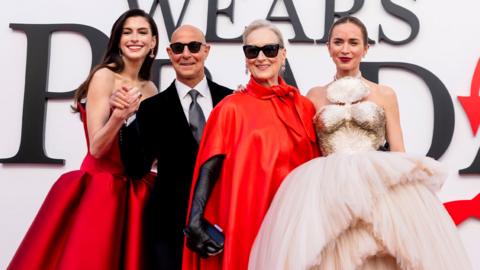 (L-R) Anne Hathaway, Stanley Tucci, Meryl Streep and Emily Blunt attend the world premiere of The Devil Wears Prada 2 at Lincoln Center in New York, New York on April 20, 2026