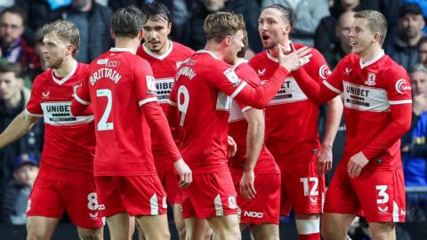 Middlesbrough players celebrate scoring in their 3-1 win at Birmingham