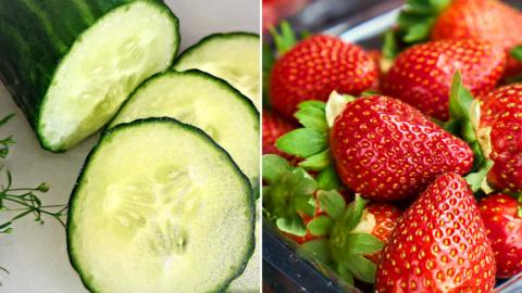 A split image of a sliced cucumber and a punnet of strawberries.