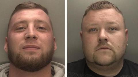 Police mugshots show Adam Shakespeare, with a beard and smiling in a grey hooded top and David Smith in a black top and beard.