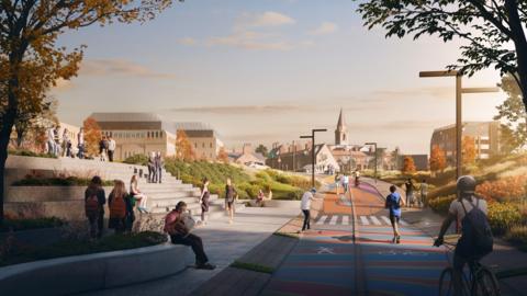 It is an artist impression of the view from the Queensgate Roundabout towards the city centre, with cyclists, pedestrians and skateboarders using an allocated path towards the city centre. 