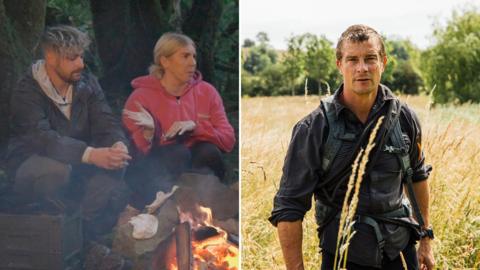A split image of a couple in the woods near a campfire and Bear Grylls