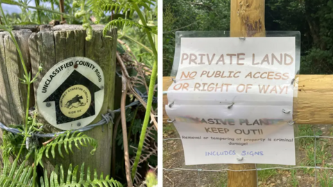 The sign that has appeared states "Private land, no public access or right of way". The photo shows another image of a council sign stating the routes in an unclassified county road.