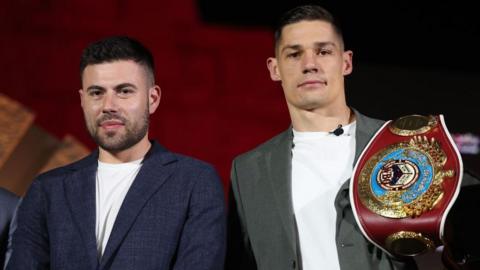 Ben Shalom and Chris Billam-Smith pose for photos at the press conference ahead of Billam-Smith's fight with Gilberto Ramirez