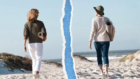 A picture of two women walking on a beach with a tear in the middle of the picture to represent a split