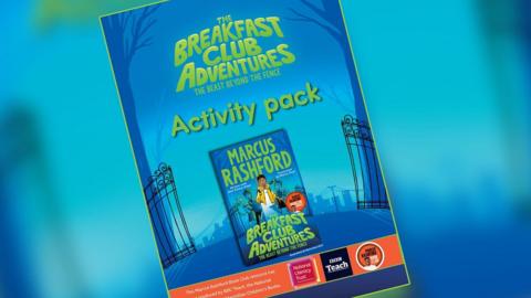 A4 PDF front cover showing the cover of Marcus Rashford's novel  , 'The Breakfast Club Adventures' - this shows an illustrated Marcus in a yellow jacket holding a torch and looking worried. Text reads, 'Activity pack'.