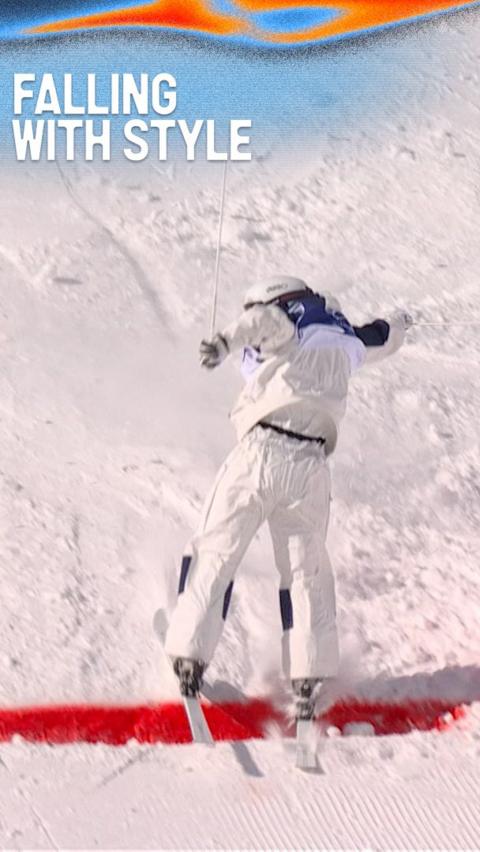 Horishima Ikuma falls backwards on skis during Moguls event
