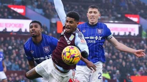 Marcus Rashford goes to ground during Aston Villa's Premier League draw against Ipswich Town