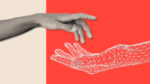 A treated image showing two hands; at the top is a human hand, and below is a robotic/digital looking hand
