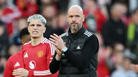 Manchester United manager Erik ten Hag with goalscorer Alejandro Garnacho after the 2-1 win against Brentford at Old Trafford