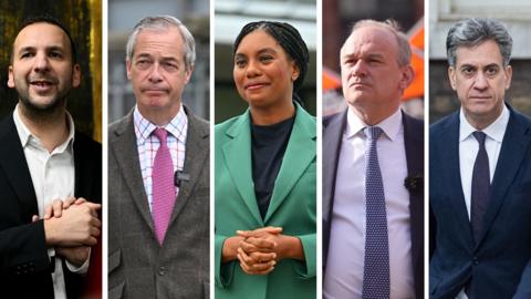 An image of five party leaders from left to right: the Green party's Zack Polanski, Reform UK's Nigel Farage, Conservative Kemi Badenoch, Liberal Democrat Ed Davey and Labour's Ed Miliband.