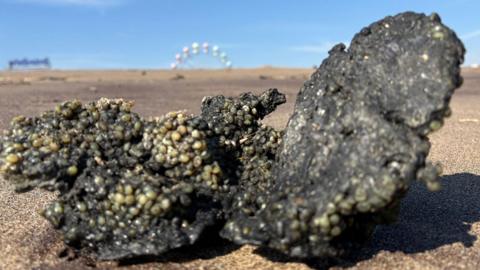 A blackened clump comprising pellets known as nurdles. They are used to make plastic.