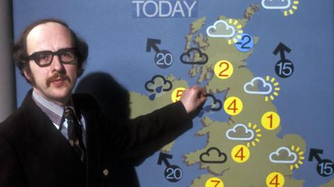 Colour picture of weather presenter Michael Fish and a weather chart with the new magnetic symbols that were introduced in 1975