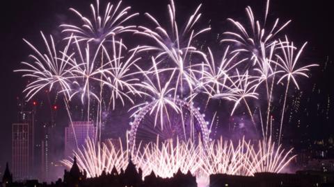 Stunning firework display fills the sky above the London Eye (also referred to as the Millennium Wheel