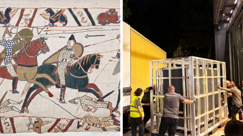 A section of the Bayeux tapestry (left) and the tapestry arriving at the British Museum in the middle of the night from a yellow truck ( right)