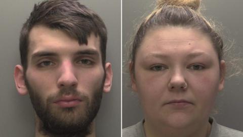 Two police custody shots. On the left is a man with short brown hair and a short brown beard. On the right is a woman with blonde hair tied in a bun. She has a nosering in her left nostril.