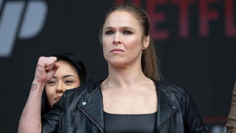 Ronda Rousey during a news conference to promote her fight with Gina Carano on 16 May