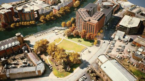 An aerial view of where the flats would be with Derby Cathedral visable across the road