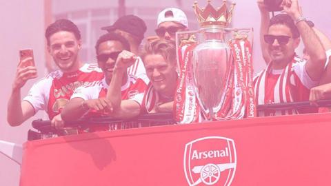 Arsenal players and manager Mikel Arteta with the Premier League trophy