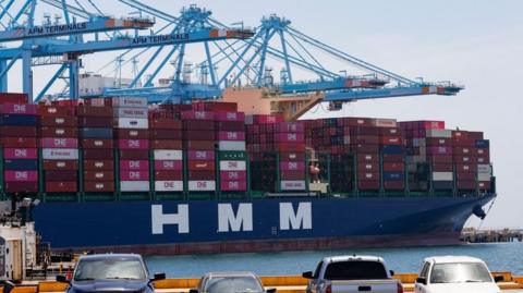 A cargo ship is docked at the Port of Los Angeles in San Pedro, California,