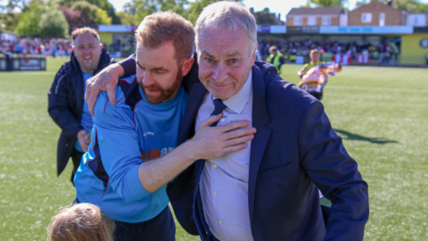 Harrogate Town owner Irving Weaver (right) and his son Simon celebrate promotion to the National League in 2018