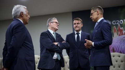 From left to right: European Council President António Costa, UK Prime Minister Sir Keir Starmer, France's President Emmanuel Macron and Finland's President Alexander Stubb at the G20 summit in Johannesburg, South Africa. Photo: 22 November 2025