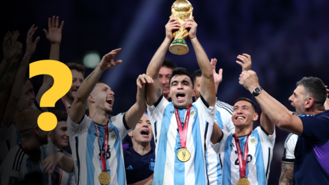 A picture of Argentina lifting the World Cup with a yellow question mark overlayed