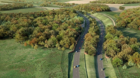 An artists impression of the Norwich Western Link through the Wensum Valley. It shows a dual carriageway running through the green grasslands with trees around the River Wensum north west of Norwich.