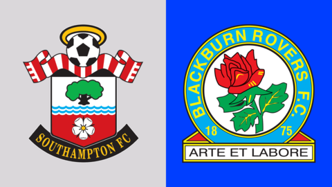 The left side of the image has a grey background with the Southampton badge on it. The right side has a bright blue background with the Blackburn Rovers badge on it.