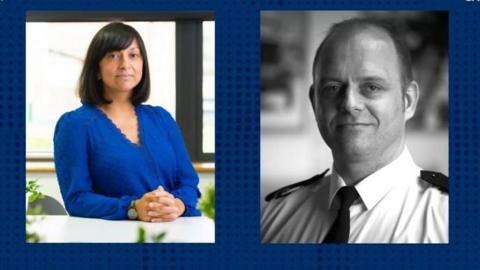 A woman in a blue shirt and a man in a police uniform - the two photos are imposed on a blue background