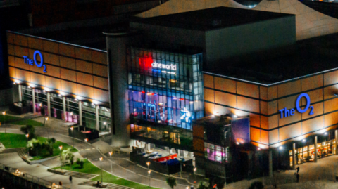 An architectural drawing of some of the locations where O2's logo will be displayed externally across the site, formerly known as the Odyssey complex