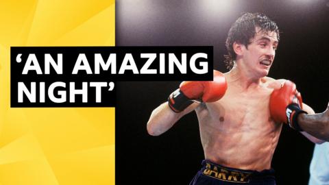 'An amazing night' text over an image of Barry McGuigan in action during a fight
