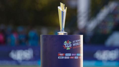 The Women's T20 World Cup on a podium ahead of the 2023 final between South Africa and Australia