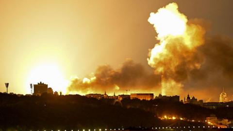 A bright yellow and white explosion during drone and missile attacks in Kyiv on June 2, 2026, amid the Russian invasion in Ukraine.