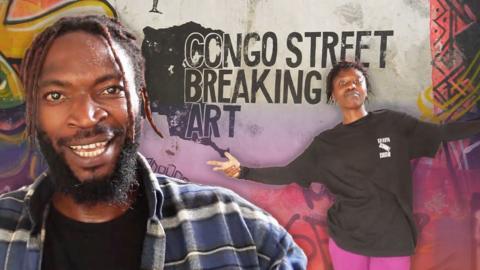 Asashi and Precious in front of graffiti saying Congo Street Breaking Art