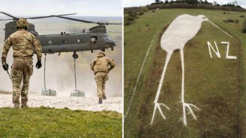 A composite of two images. The left image shows two people dressed in camoflauged Army uniforms running towards a Chinnook helicopter. The helicopter is dropping two large bags, filled with chalk, on the ground. There is a cloud of chalk dust under it. The right image shows a kiwi bird created in chalk on a grassy hillside. It has two long legs and a long beak and has 'NZ' in chalk next to it.