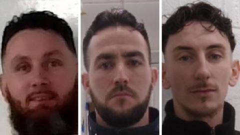 Three images, put together of the faces of Jason MacDonagh, Daniel Harty, and Barney Casey. 
MacDonghah, has short hair and a ginger beard, Harty, short dark hair and a short dark heard and Casey, wavy hair and light goatee and moustache. 
They are all wearing dark clothing. 