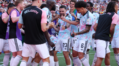 Begium players celebrate Romelu Lukaku's goal against the USA by dancing
