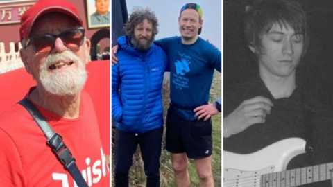 Three images: a man in red T shirt and red cap, two man next to each other is blue running gear, and Alex Turner from the Arctic Monkeys playing guitar